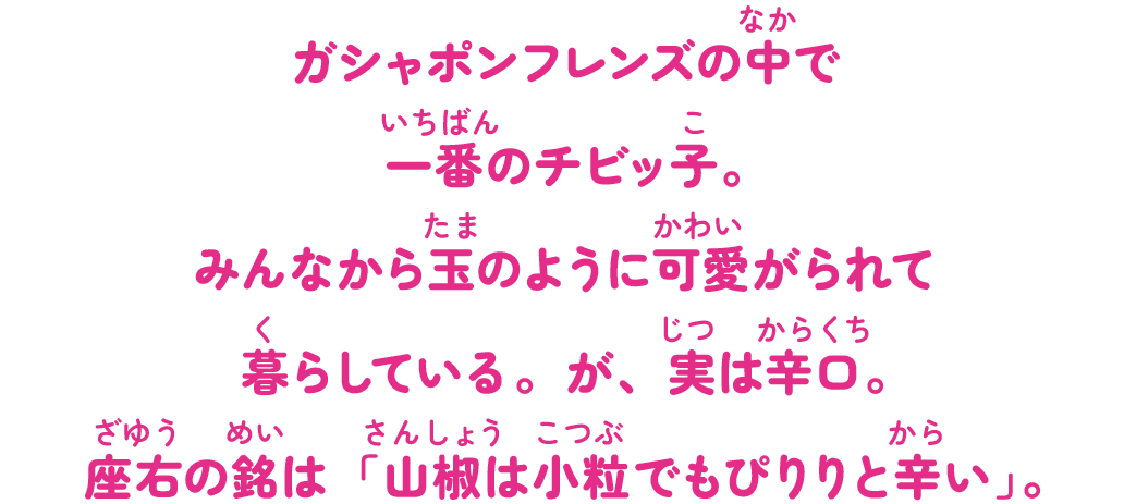 ガシャポンフレンズの中で一番のチビッ子。みんなから玉のように可愛がられて暮らしている。が、実は辛口。座右の銘は「山椒は小粒でもぴりりと辛い」。