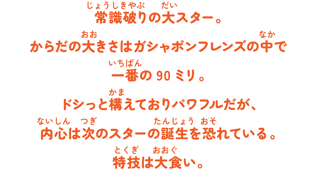 常識破りの大スター。からだの大きさはガシャポンフレンズの中で一番の90ミリ。ドシっと構えておりパワフルだが、内心は次のスターの誕生を恐れている。特技は大食い。