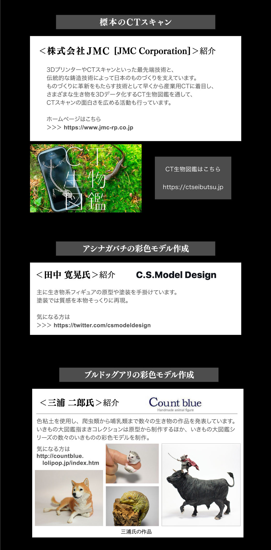 標本のCTスキャン：株式会社JMC　CT生物図鑑　アシナガバチの彩色モデル作成：田中寛晃氏(C.S.Model Design)　ブルドックアリの彩色モデル作成：三浦二郎氏(Count blue)