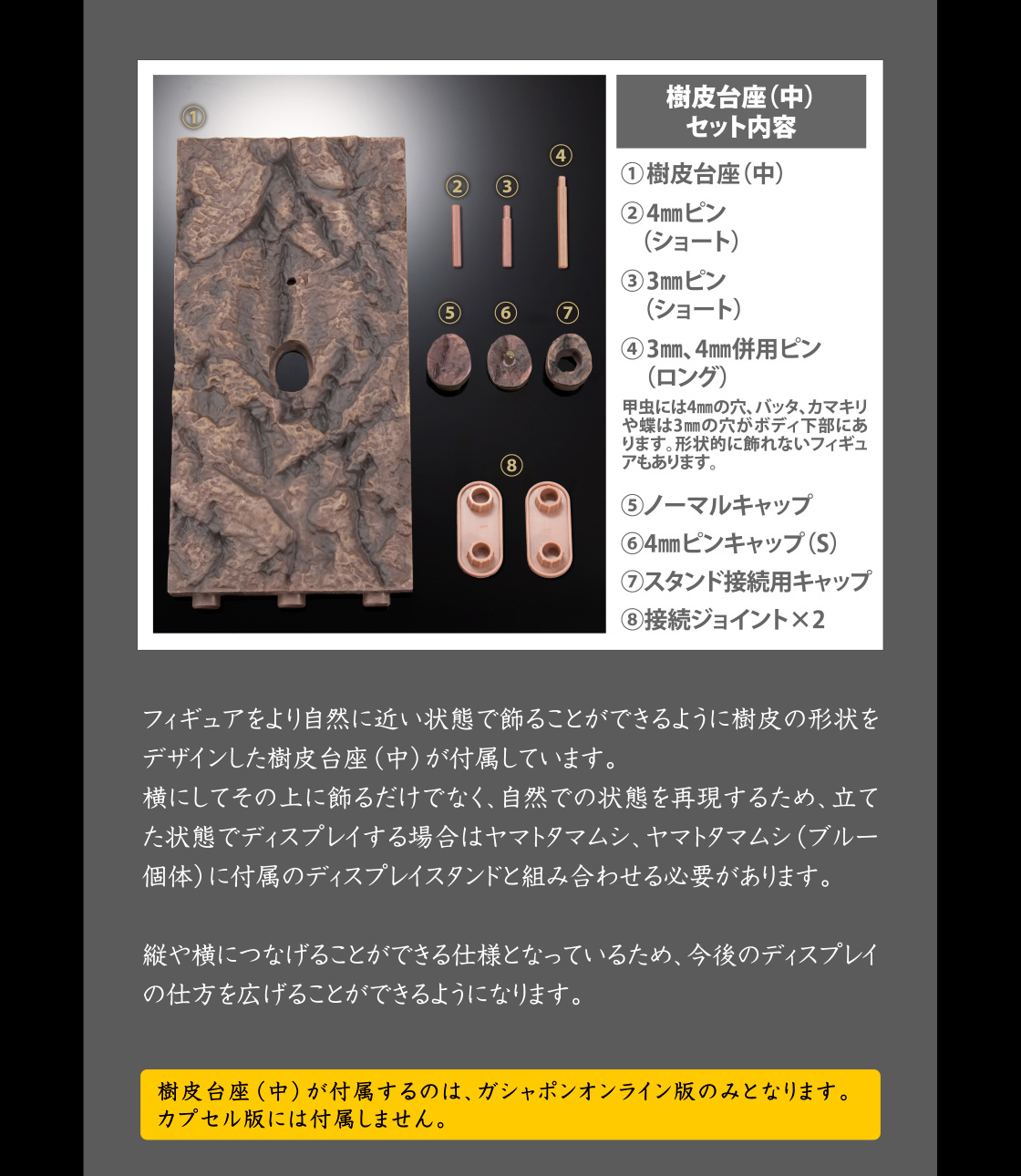 樹皮台座（中）セット内容 樹皮台座（中）が付属するのは、オンラインガシャポン版のみとなります。カプセル版には付属しません。