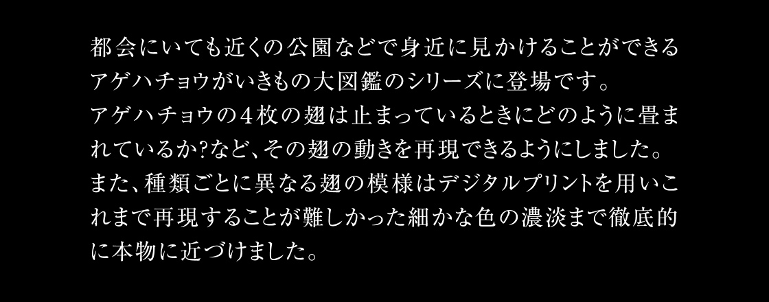 都会にいても近くの公園などで身近に見かけることができるアゲハチョウがいきもの大図鑑のシリーズに登場です。