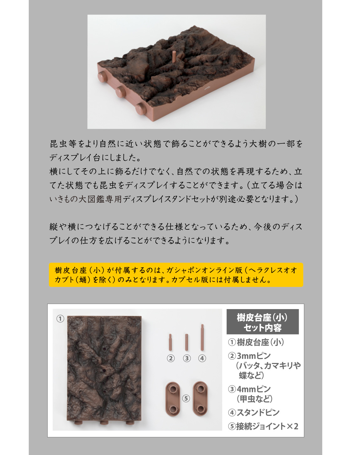 樹皮台座（小）が付属するのは、ガシャポンオンライン版（ヘラクレスオオカブト(蛹)を除く）のみとなります。カプセル版には付属しません。
