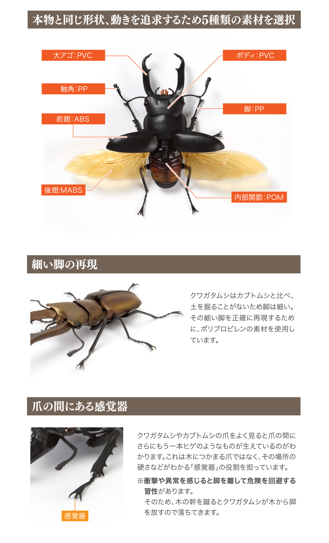 本物と同じ形状、動きを追求するための5種類の素材を選択　細い脚の再現　爪の間にある感覚器