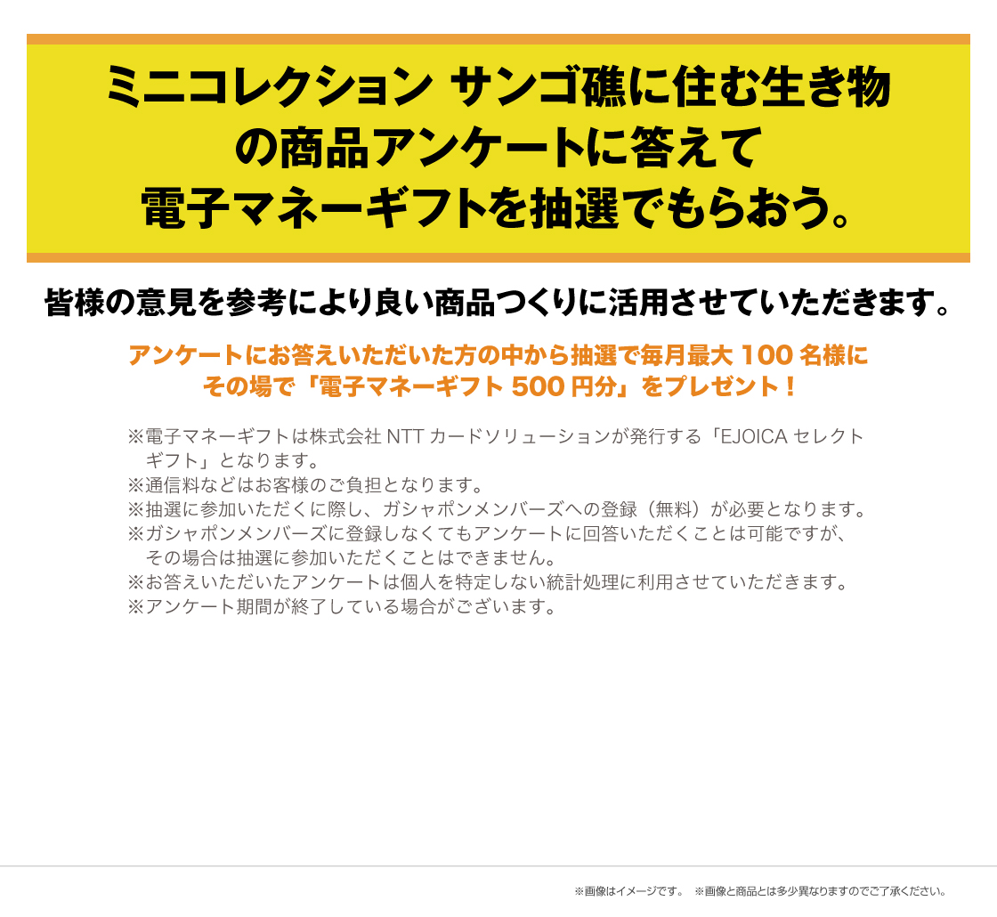 いきもの大図鑑ミニコレクション サンゴ礁に住む生き物の商品アンケートに答えて電子マネーギフトを抽選でもらおう。