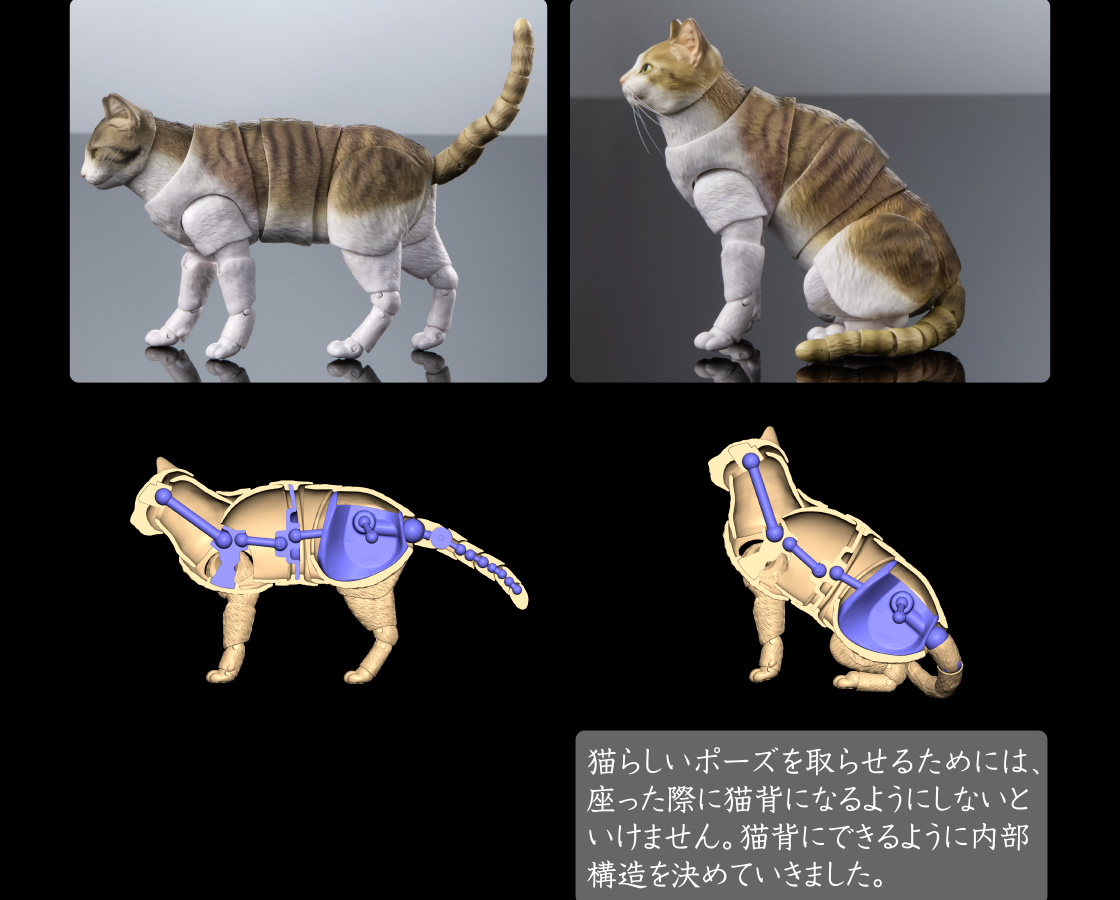 猫らしいポーズを取らせるためには、座った際に猫背になるようにしないといけません。猫背にできるように内部構造を決めていきました。