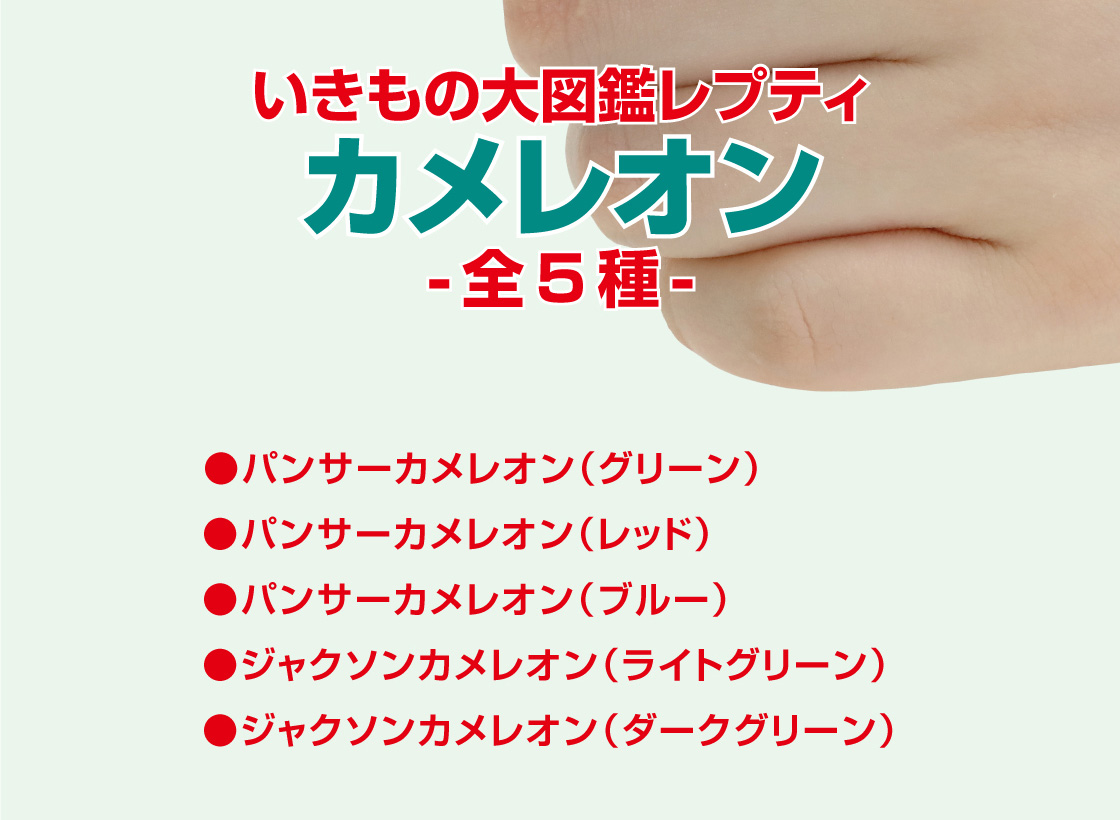 いきもの大図鑑レプティ カメレオン -全5種- ●パンサーカメレオン(グリーン) ●パンサーカメレオン(レッド) ●パンサーカメレオン(ブルー) ●ジャクソンカメレオン(ライトグリーン) ●ジャクソンカメレオン(ダークグリーン)