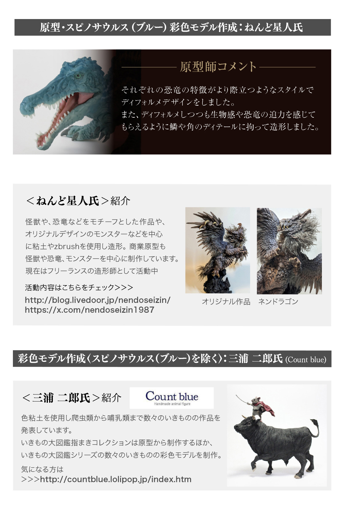 原型・スピノサウルス(ブルー)彩色モデル作成：ねんど星人氏　彩色モデル作成(スピノサウルス(ブルー)を除く)：三浦 二郎氏(Count blue)