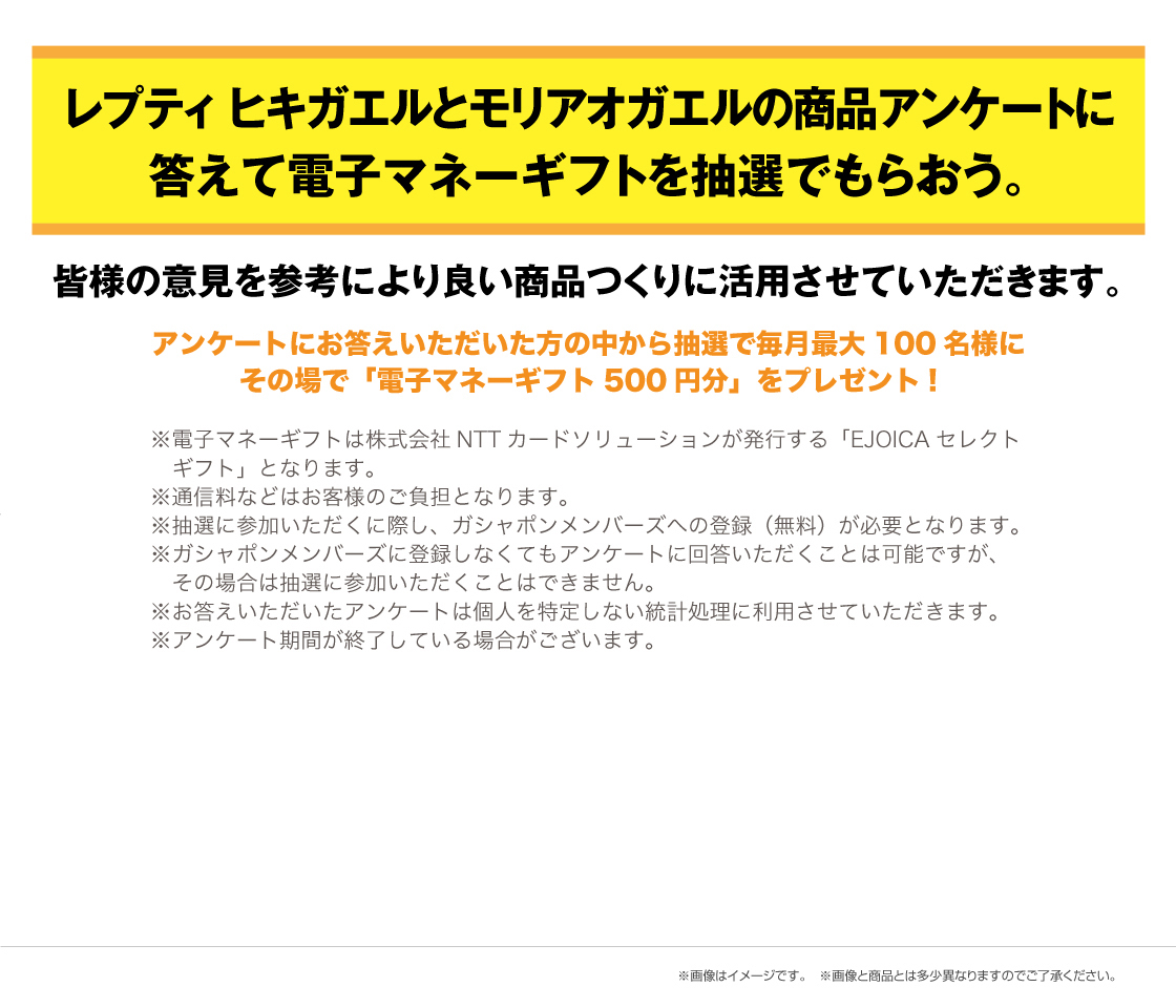 いきもの大図鑑レプティ ヒキガエルとモリアオガエルの商品アンケートに答えて電子マネーギフトを抽選でもらおう。