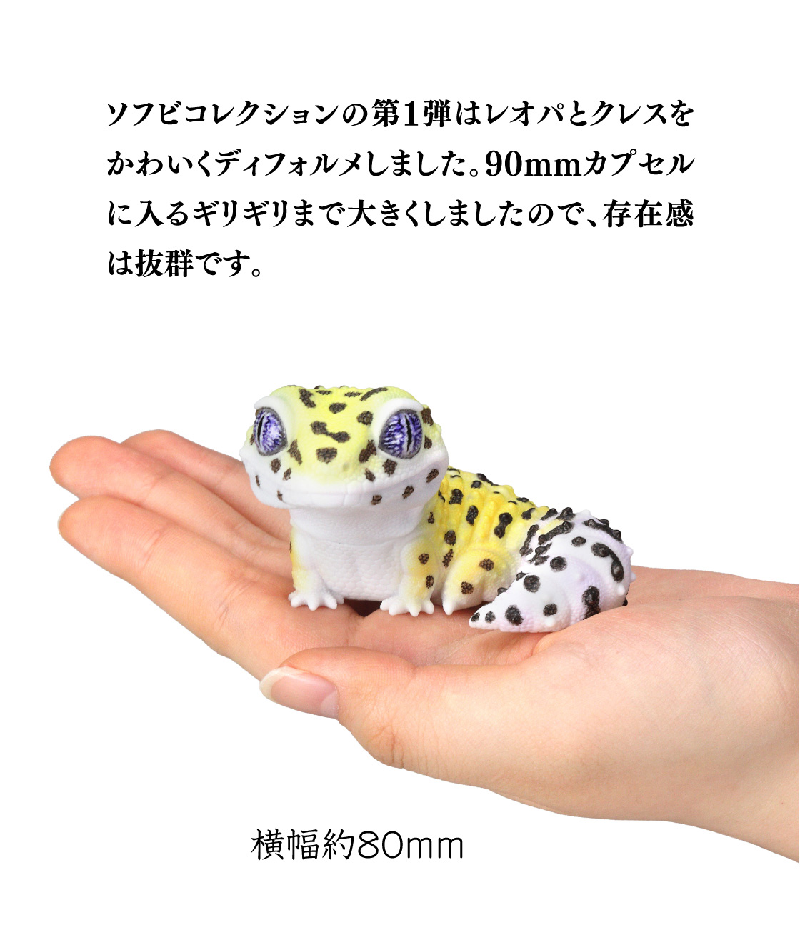 ソフビコレクションの第1弾はレオパとクレスをかわいくディフォルメしました。90mmカプセルに入るギリギリまで大きくしましたので、存在感は抜群です。