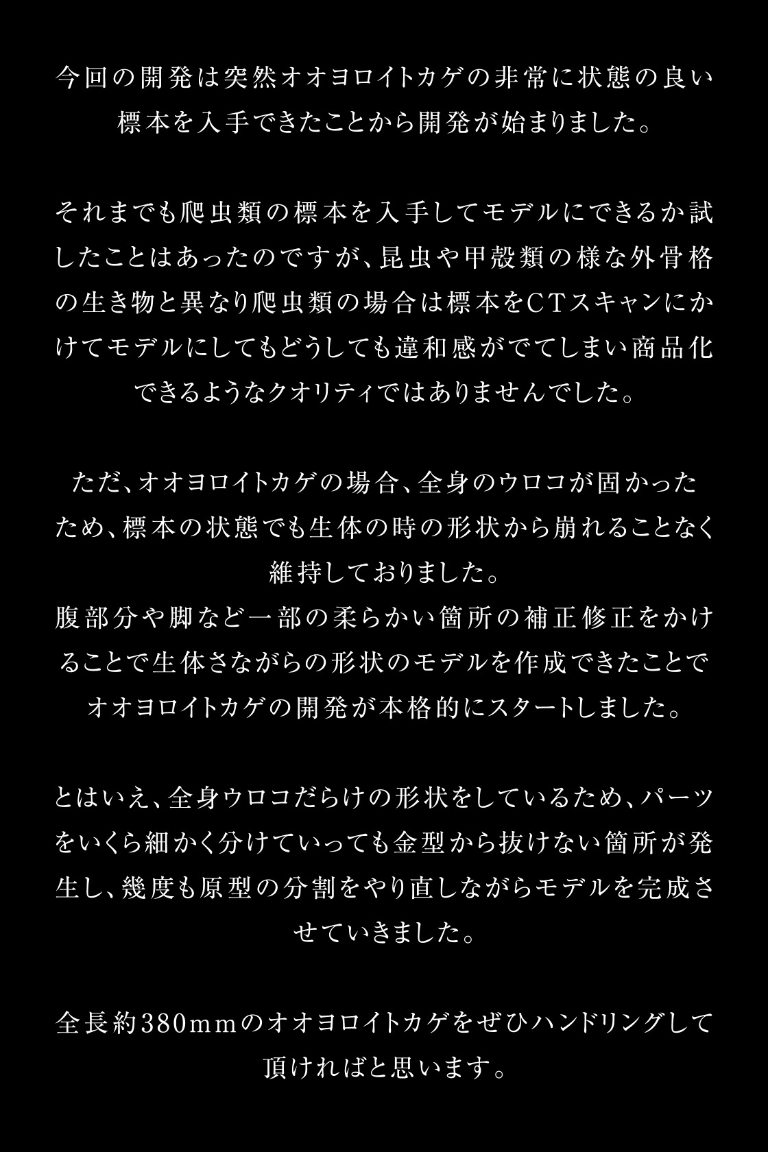 今回の開発は突然オオヨロイトカゲの非常に状態の良い標本を入手できたことから開発が始まりました。全長約380mmのオオヨロイトカゲをぜひハンドリングして頂ければと思います。