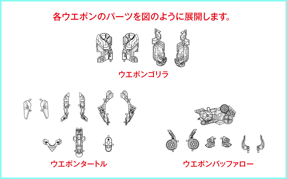 ウエポンゴリラ、ウエポンタートル、ウエポンバッファロー　各パーツを図のように展開します。