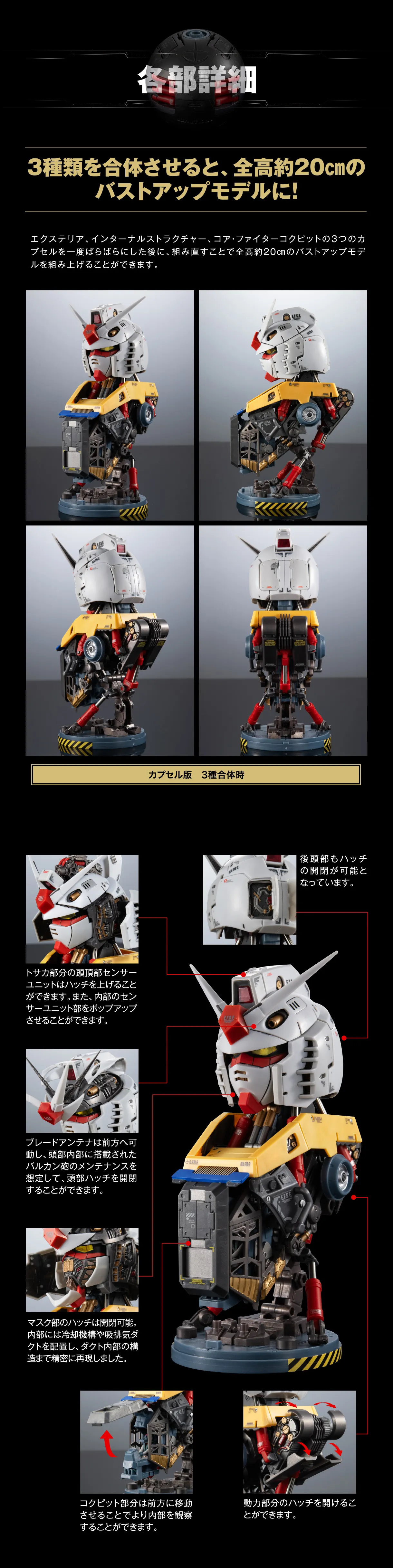 各部詳細 3種類を合体させると、全高約20cmのバストアップモデルに！