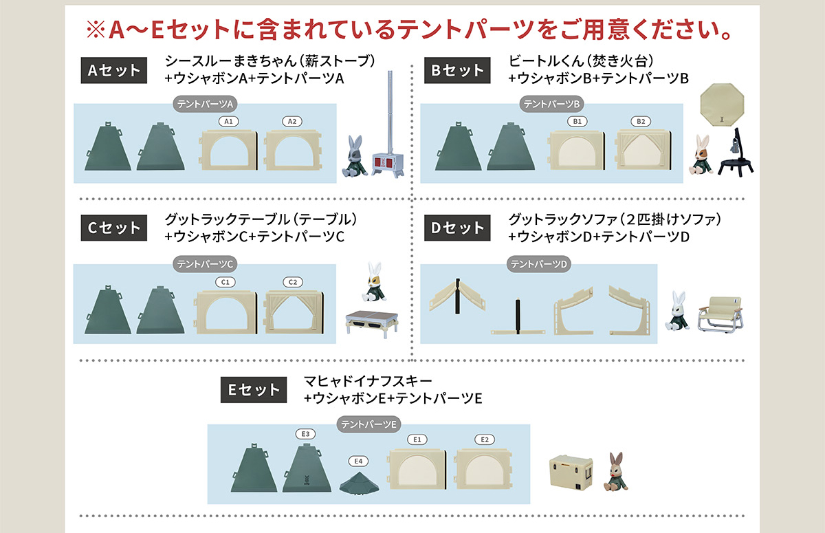 A～Eセットに含まれているテントパーツをご用意ください。