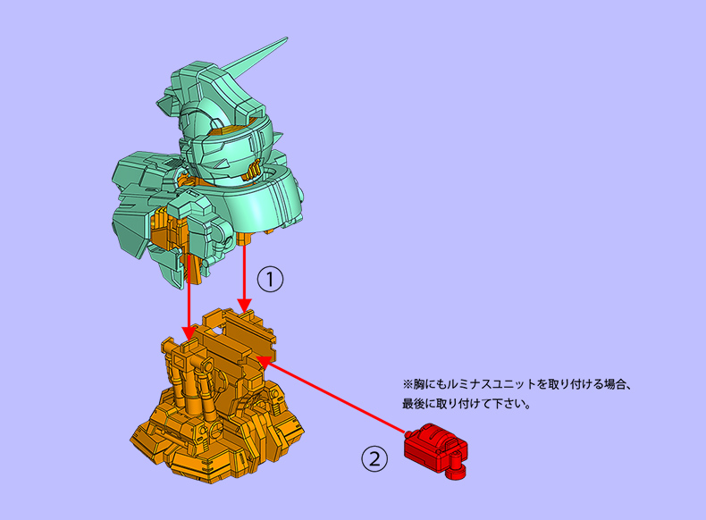 デスティニーガンダムSpecⅡ頭部を発光させる際は図を参考に ルミナスユニットを装着してください