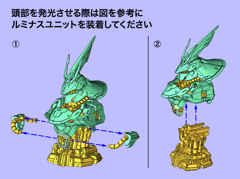 MSN-04 サザビー頭部を発光させる際は図を参考に ルミナスユニットを装着してください